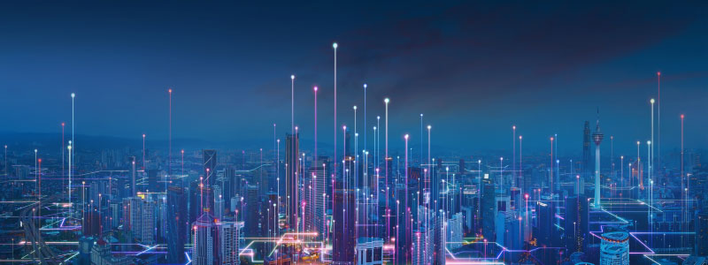 A city skyline overlayed with a graph with data nodes aimed towards the sky